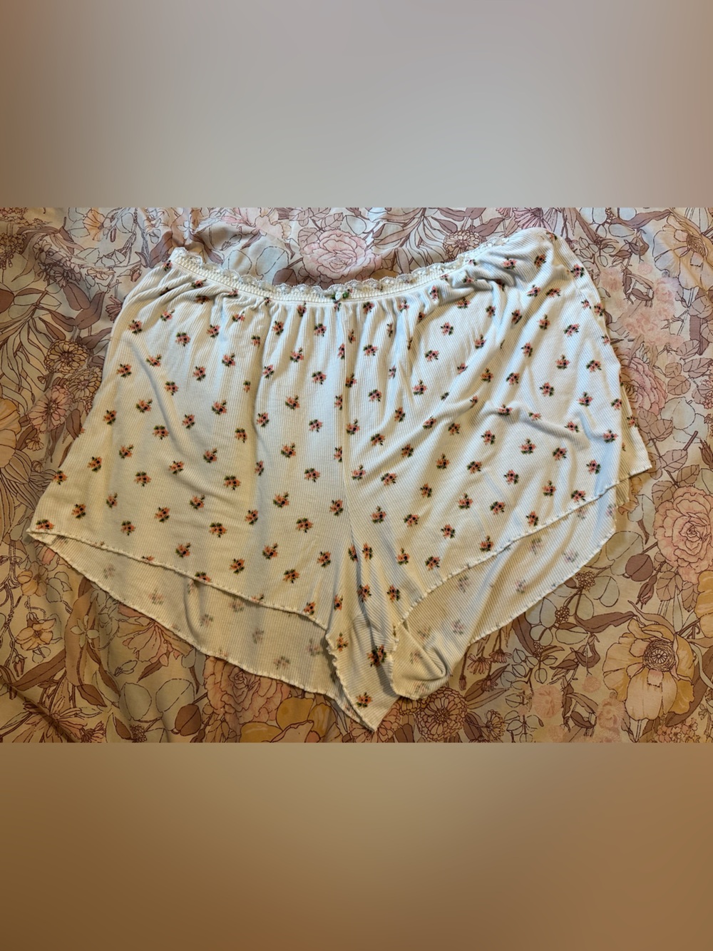 aerie Cream Ribbed Lounge Shorts with Pink Floral Print